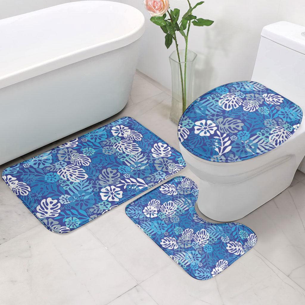 Blue Aloha Hawaiian Bathroom Set Monstera Hibiscus Tropical Pattern