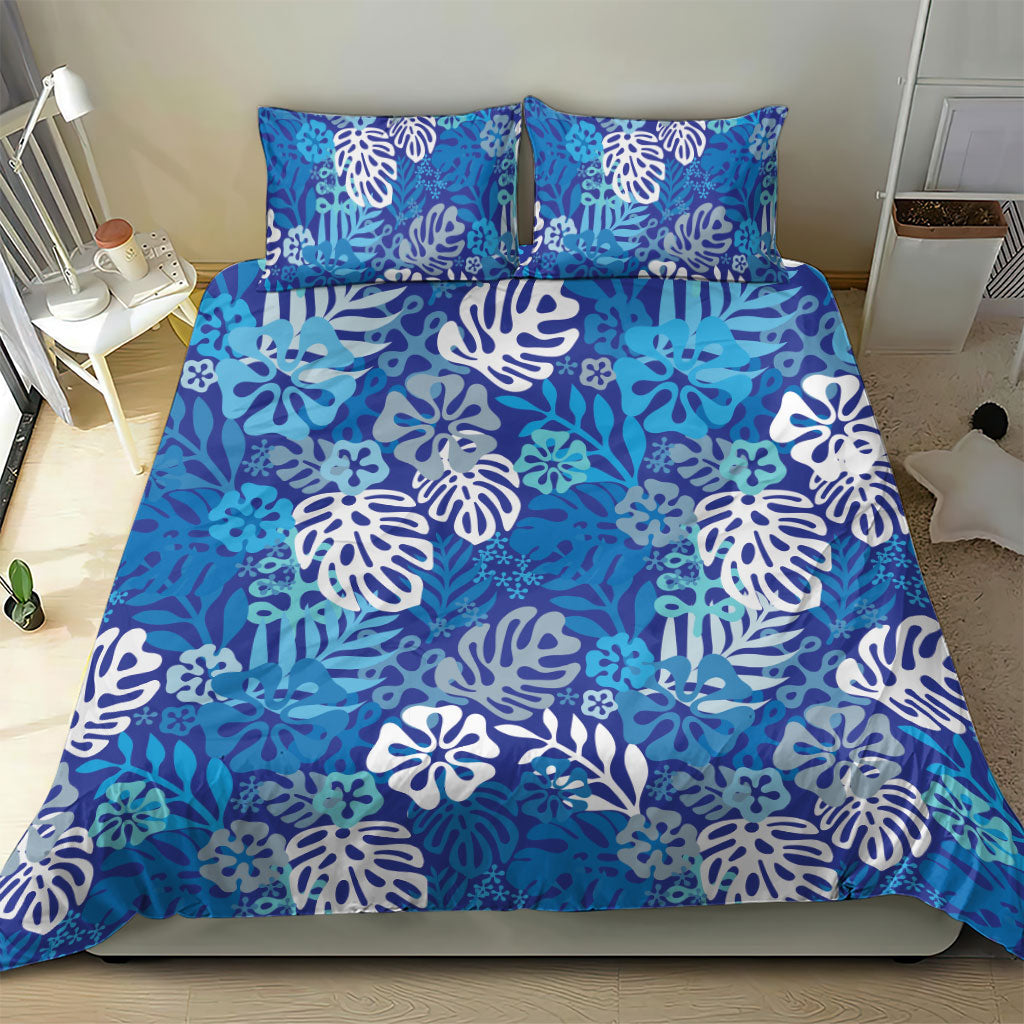 Blue Aloha Hawaiian Bedding Set Monstera Hibiscus Tropical Pattern