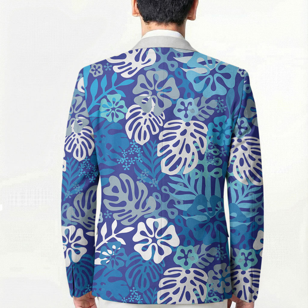 Blue Aloha Hawaiian Blazer Monstera Hibiscus Tropical Pattern