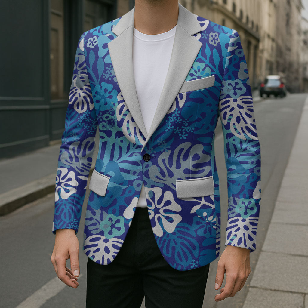 Blue Aloha Hawaiian Blazer Monstera Hibiscus Tropical Pattern