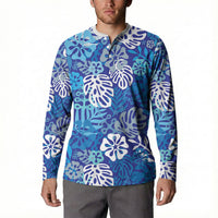Blue Aloha Hawaiian Button Sweatshirt Monstera Hibiscus Tropical Pattern