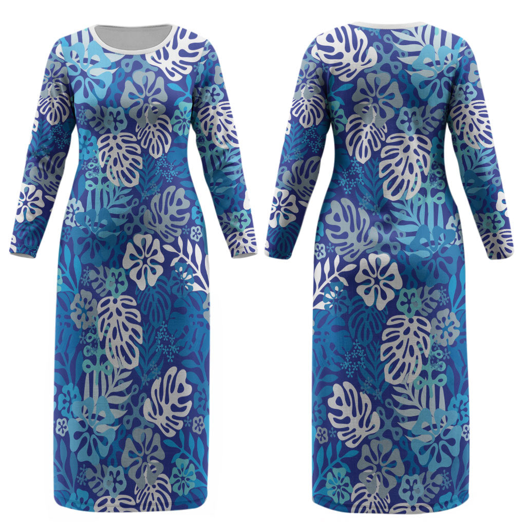 Blue Aloha Hawaiian Couples Matching Long Sleeve Bodycon Dress and Hawaiian Shirt Monstera Hibiscus Tropical Pattern