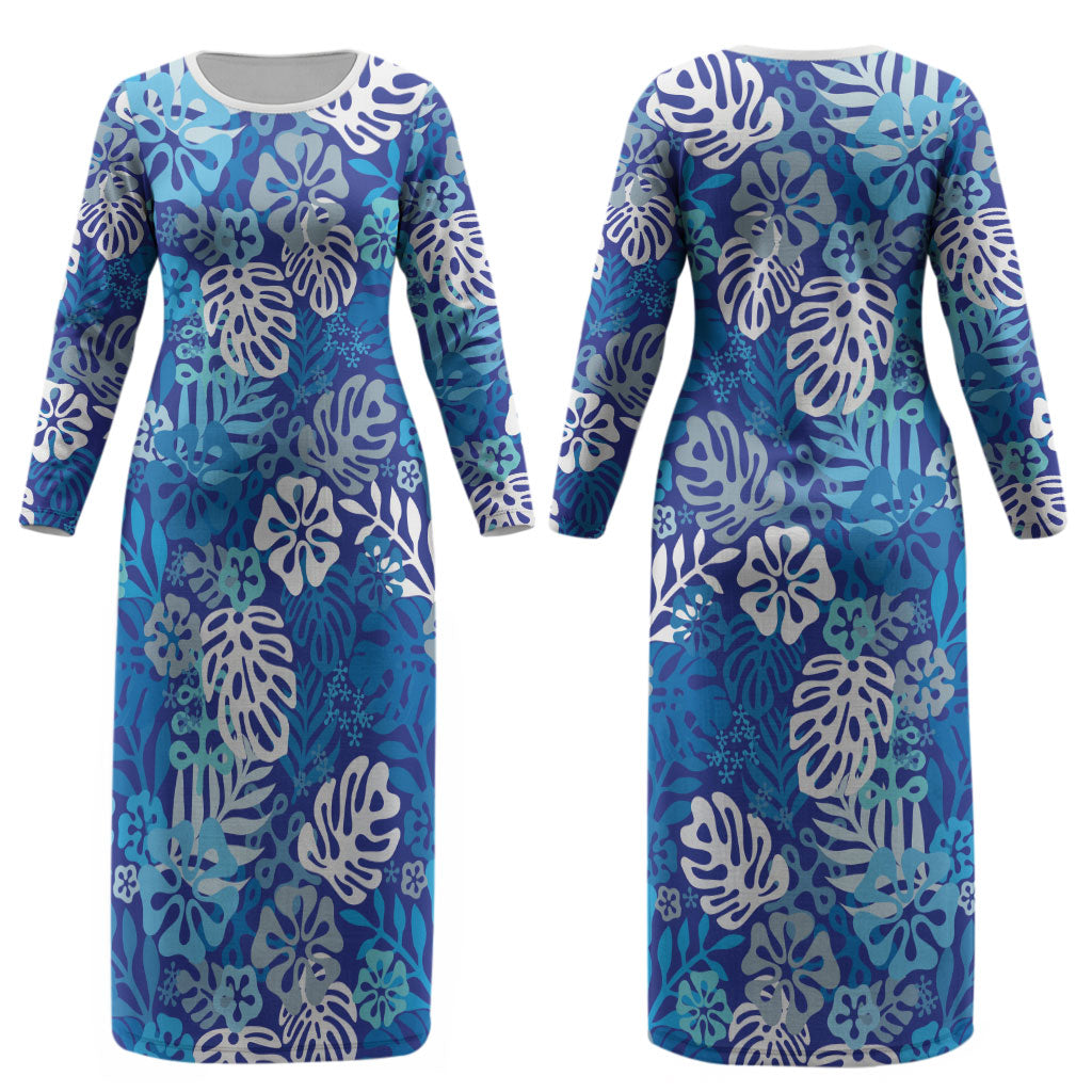 Blue Aloha Hawaiian Couples Matching Long Sleeve Bodycon Dress and Long Sleeve Button Shirt Monstera Hibiscus Tropical Pattern