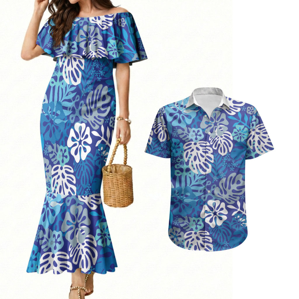 Blue Aloha Hawaiian Couples Matching Mermaid Dress and Hawaiian Shirt Monstera Hibiscus Tropical Pattern LT19 Blue - Polynesian Pride