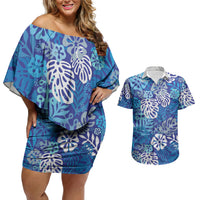 Blue Aloha Hawaiian Couples Matching Off Shoulder Short Dress and Hawaiian Shirt Monstera Hibiscus Tropical Pattern