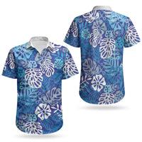 Blue Aloha Hawaiian Couples Matching Off The Shoulder Long Sleeve Dress and Hawaiian Shirt Monstera Hibiscus Tropical Pattern