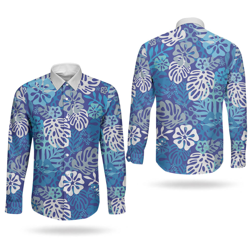 Blue Aloha Hawaiian Couples Matching Puletasi and Long Sleeve Button Shirt Monstera Hibiscus Tropical Pattern