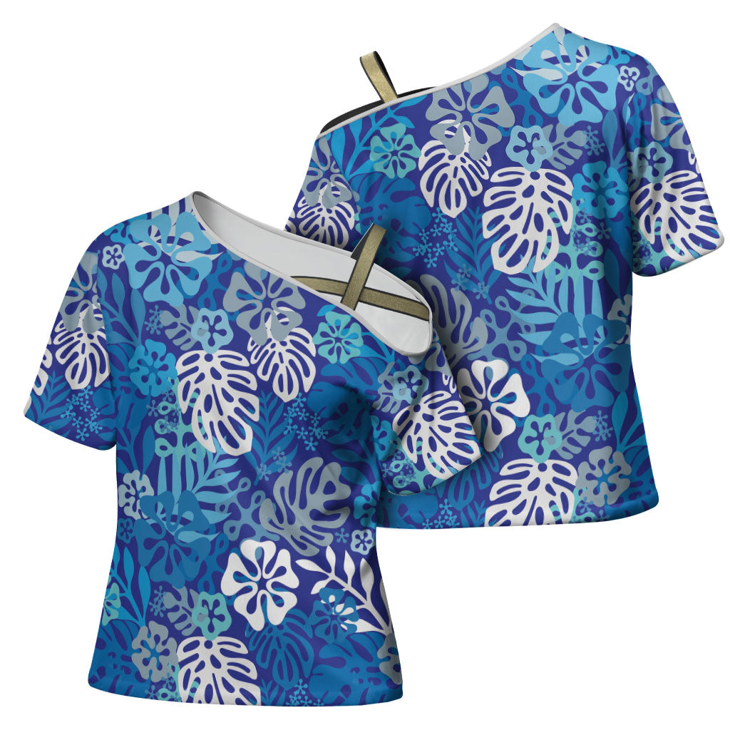 Blue Aloha Hawaiian Cross Shoulder Shirt Monstera Hibiscus Tropical Pattern