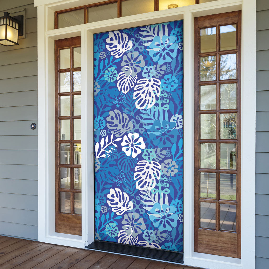 Blue Aloha Hawaiian Door Cover Monstera Hibiscus Tropical Pattern
