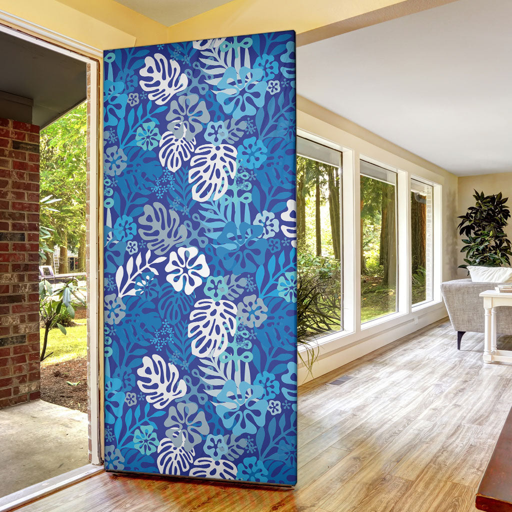 Blue Aloha Hawaiian Door Cover Monstera Hibiscus Tropical Pattern