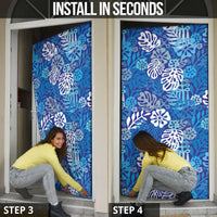 Blue Aloha Hawaiian Door Cover Monstera Hibiscus Tropical Pattern
