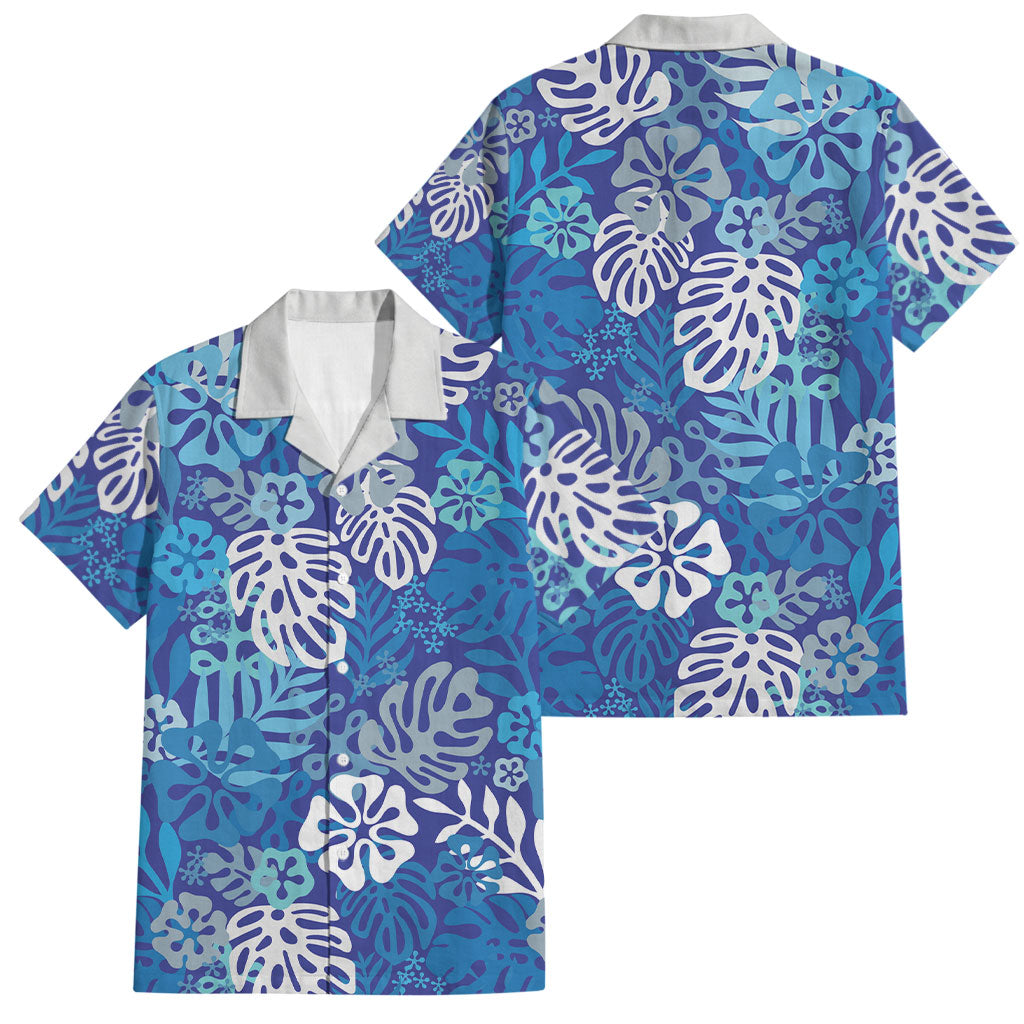 Blue Aloha Hawaiian Family Matching Long Sleeve Bodycon Dress and Hawaiian Shirt Monstera Hibiscus Tropical Pattern