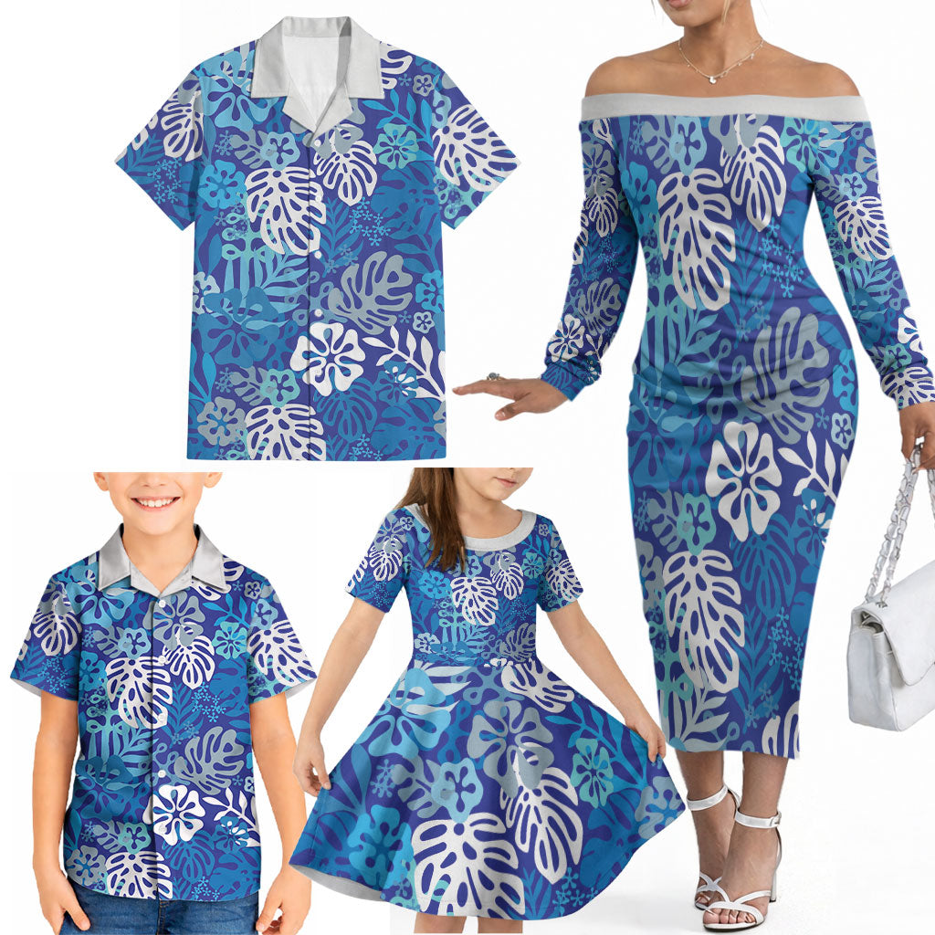 Blue Aloha Hawaiian Family Matching Off The Shoulder Long Sleeve Dress and Hawaiian Shirt Monstera Hibiscus Tropical Pattern LT19 - Polynesian Pride