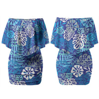 Blue Aloha Hawaiian Family Matching Off Shoulder Short Dress and Hawaiian Shirt Monstera Hibiscus Tropical Pattern