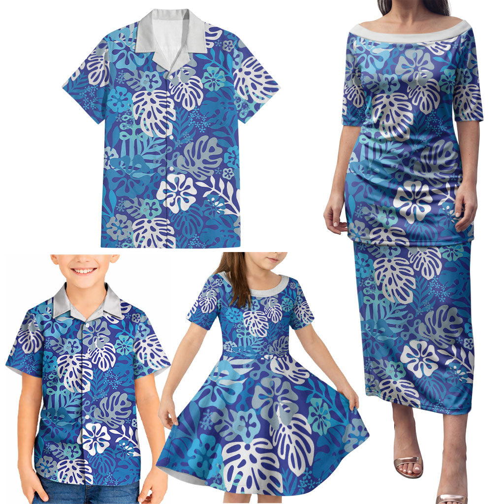 Blue Aloha Hawaiian Family Matching Puletasi and Hawaiian Shirt Monstera Hibiscus Tropical Pattern