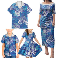Blue Aloha Hawaiian Family Matching Puletasi and Hawaiian Shirt Monstera Hibiscus Tropical Pattern