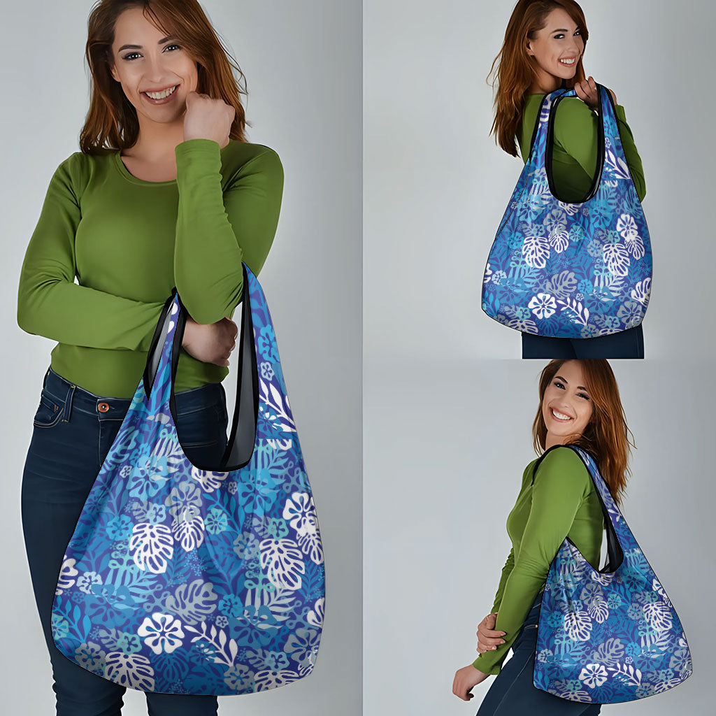 Blue Aloha Hawaiian Grocery Bag Monstera Hibiscus Tropical Pattern