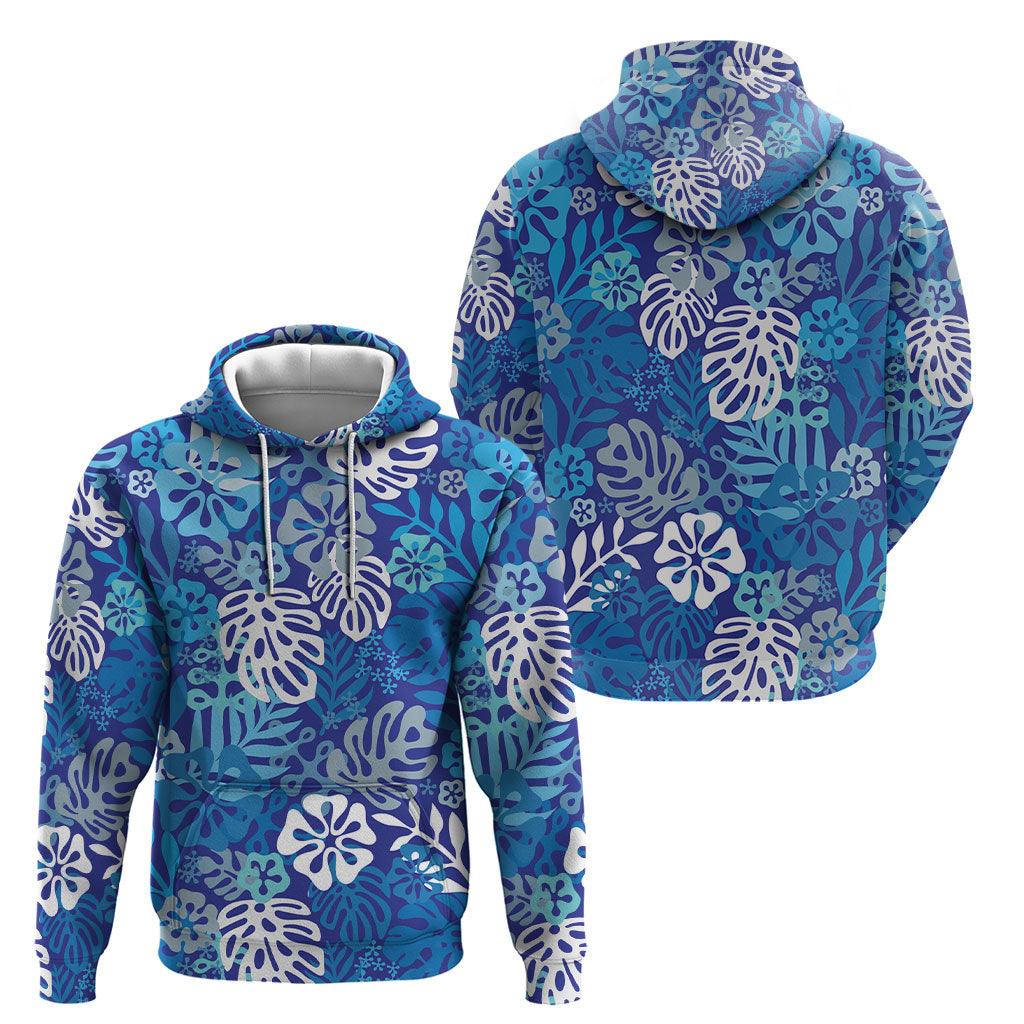 Blue Aloha Hawaiian Hoodie Monstera Hibiscus Tropical Pattern