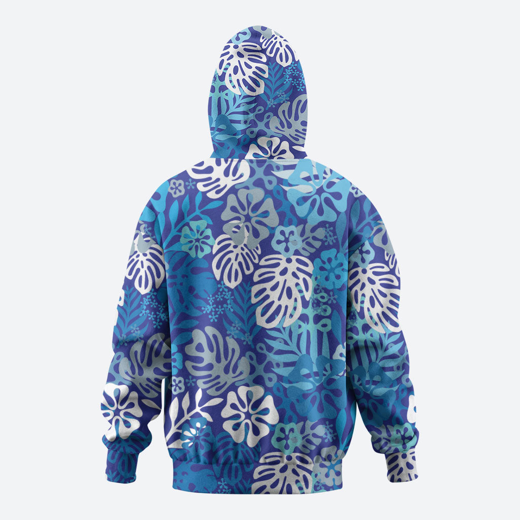 Blue Aloha Hawaiian Hoodie Monstera Hibiscus Tropical Pattern