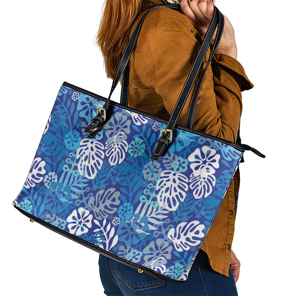 Blue Aloha Hawaiian Leather Tote Bag Monstera Hibiscus Tropical Pattern