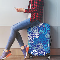 Blue Aloha Hawaiian Luggage Cover Monstera Hibiscus Tropical Pattern