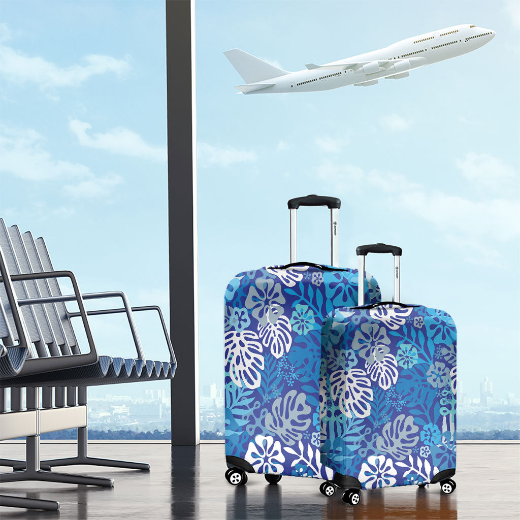 Blue Aloha Hawaiian Luggage Cover Monstera Hibiscus Tropical Pattern