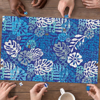 Blue Aloha Hawaiian Puzzle Monstera Hibiscus Tropical Pattern