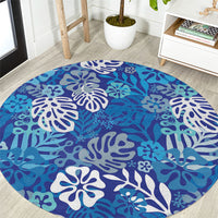 Blue Aloha Hawaiian Round Carpet Monstera Hibiscus Tropical Pattern