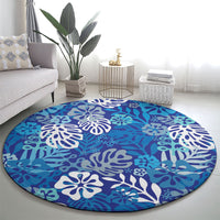 Blue Aloha Hawaiian Round Carpet Monstera Hibiscus Tropical Pattern
