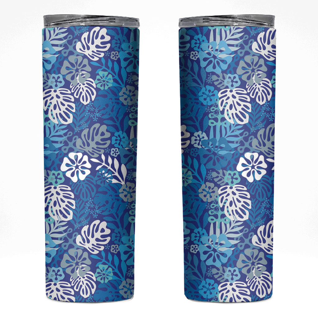 Blue Aloha Hawaiian Skinny Tumbler Monstera Hibiscus Tropical Pattern