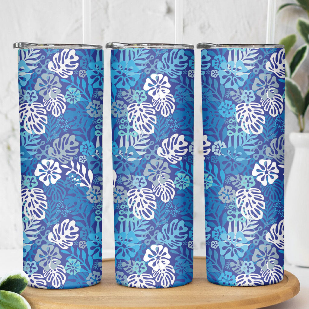 Blue Aloha Hawaiian Skinny Tumbler Monstera Hibiscus Tropical Pattern