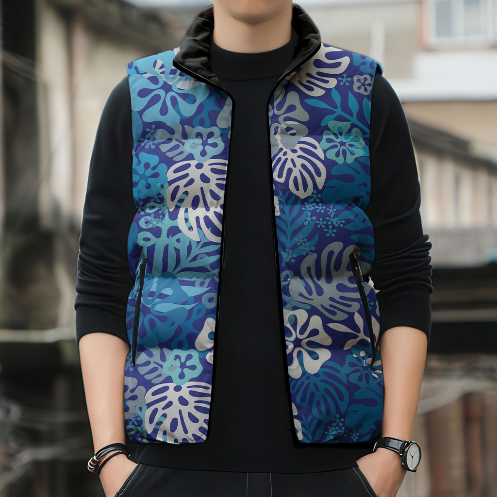Blue Aloha Hawaiian Sleeveless Puffer Jacket Monstera Hibiscus Tropical Pattern