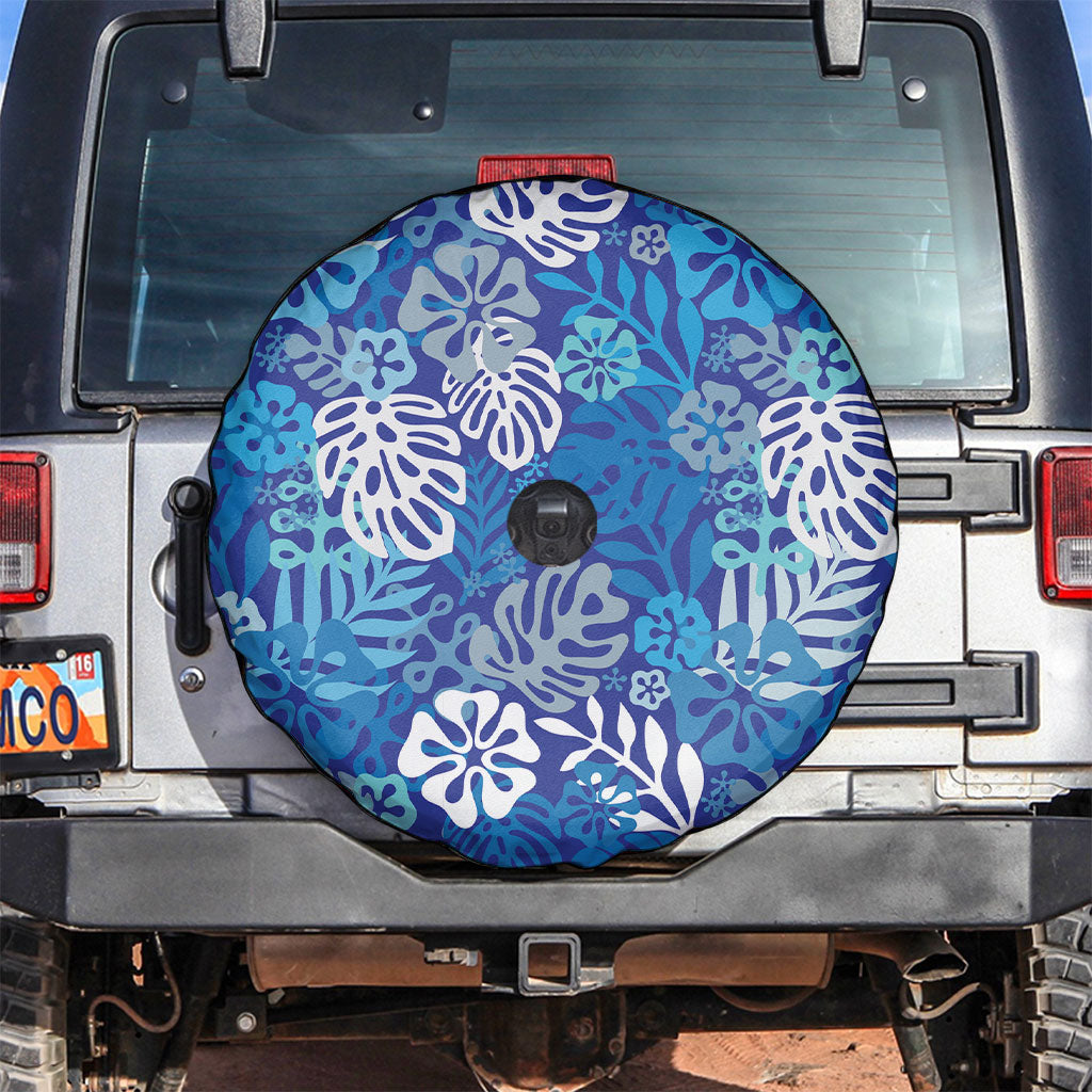 Blue Aloha Hawaiian Spare Tire Cover Monstera Hibiscus Tropical Pattern
