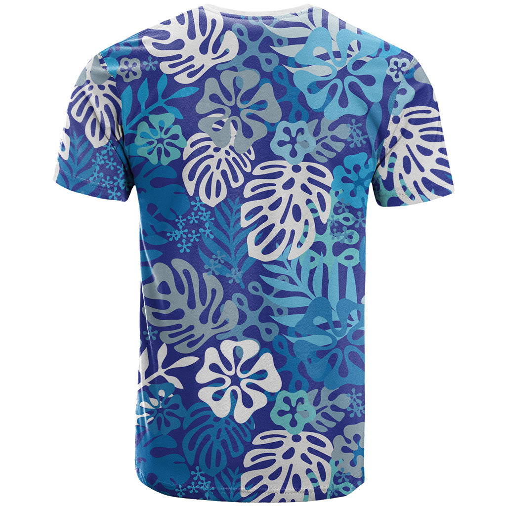 Blue Aloha Hawaiian T Shirt Monstera Hibiscus Tropical Pattern