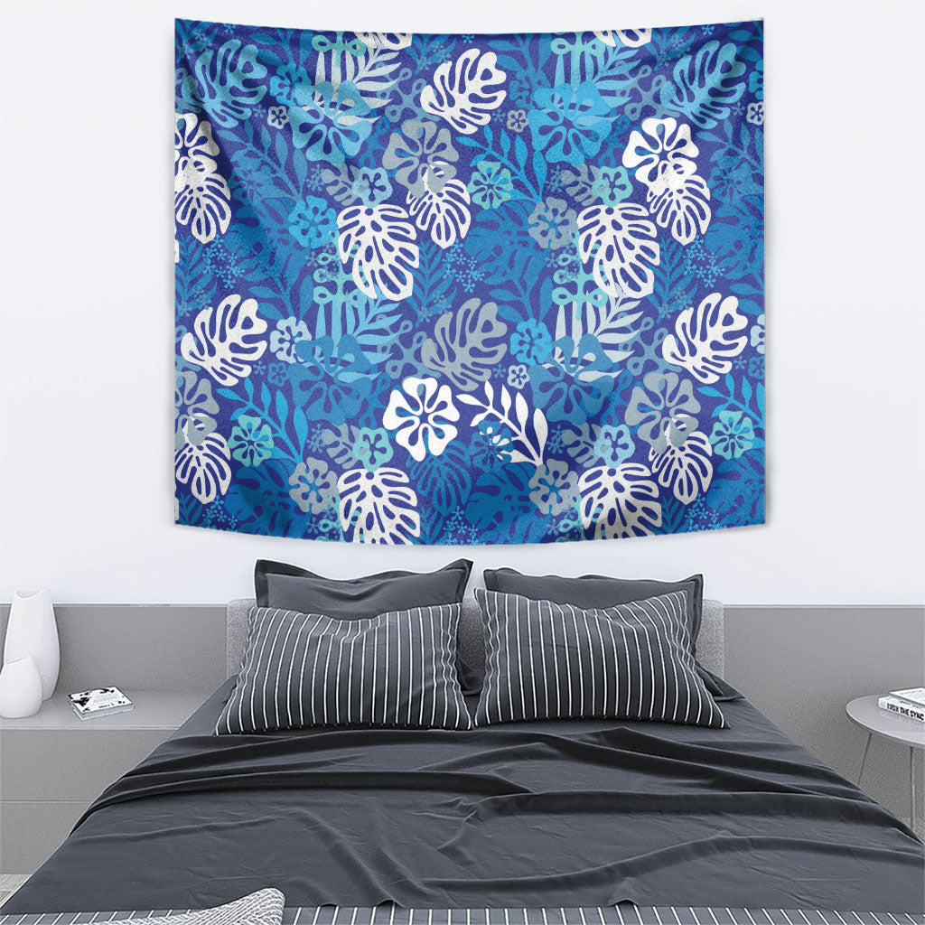 Blue Aloha Hawaiian Tapestry Monstera Hibiscus Tropical Pattern