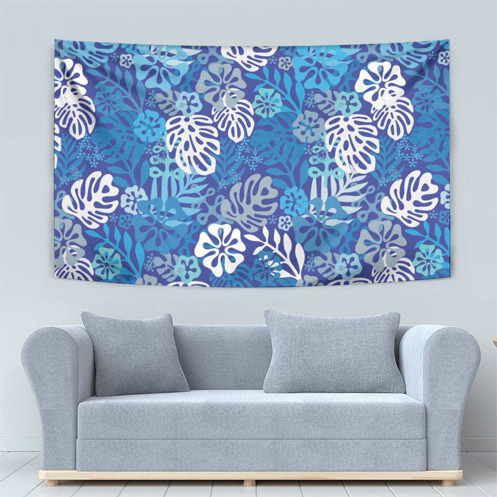 Blue Aloha Hawaiian Tapestry Monstera Hibiscus Tropical Pattern