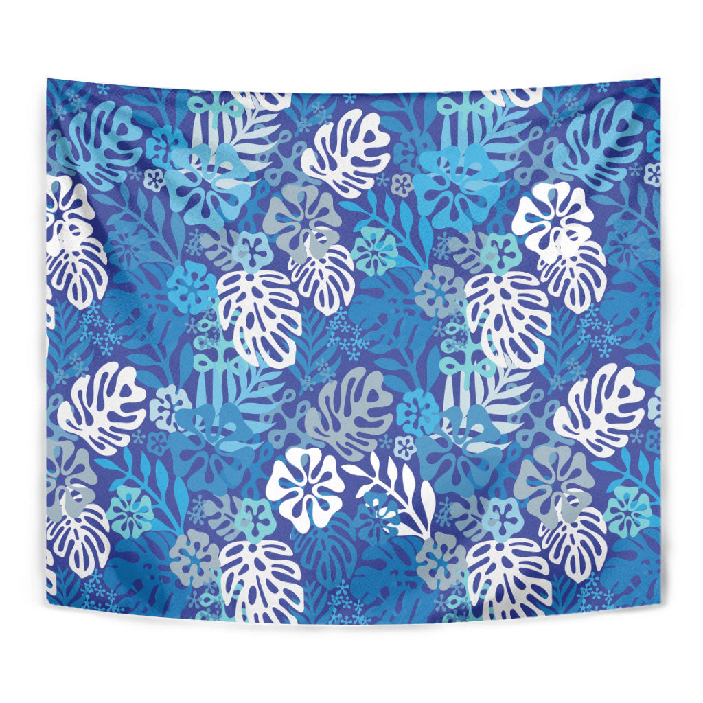 Blue Aloha Hawaiian Tapestry Monstera Hibiscus Tropical Pattern