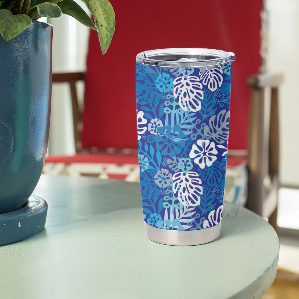 Blue Aloha Hawaiian Tumbler Cup Monstera Hibiscus Tropical Pattern