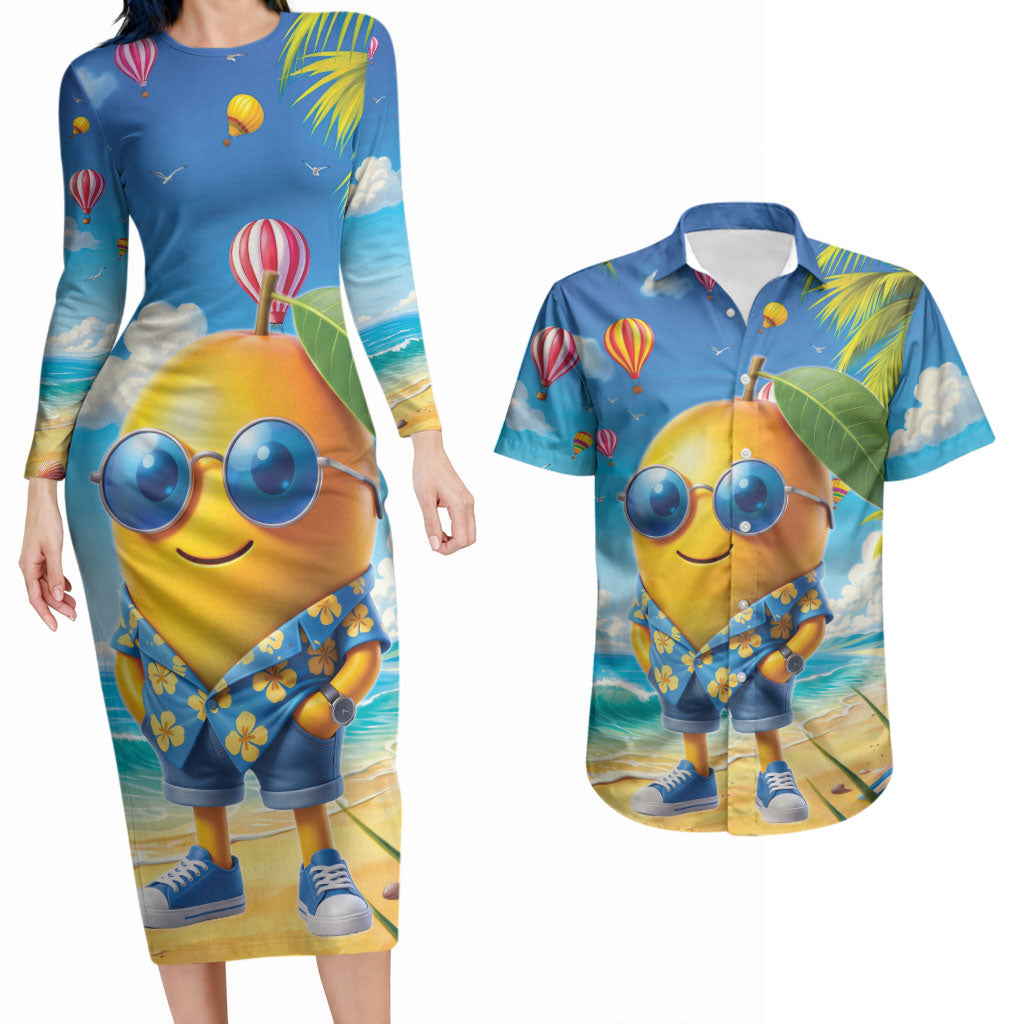 Funny Hawaii Mango Couples Matching Long Sleeve Bodycon Dress and Hawaiian Shirt Tropical Summer Beach Mascot Vacation LT19 Blue - Polynesian Pride
