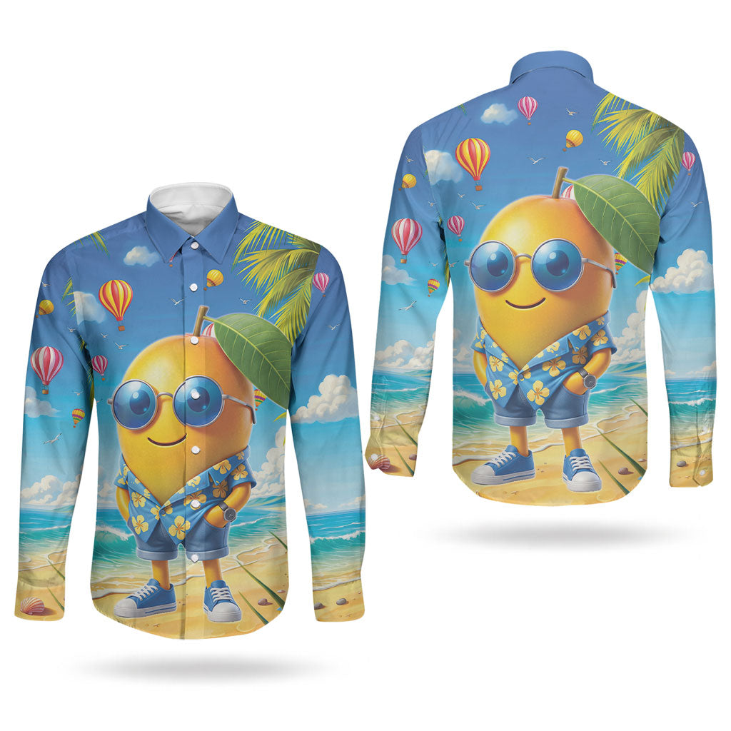 Funny Hawaii Mango Couples Matching Long Sleeve Bodycon Dress and Long Sleeve Button Shirt Tropical Summer Beach Mascot Vacation