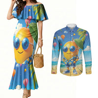 Funny Hawaii Mango Couples Matching Mermaid Dress and Long Sleeve Button Shirt Tropical Summer Beach Mascot Vacation