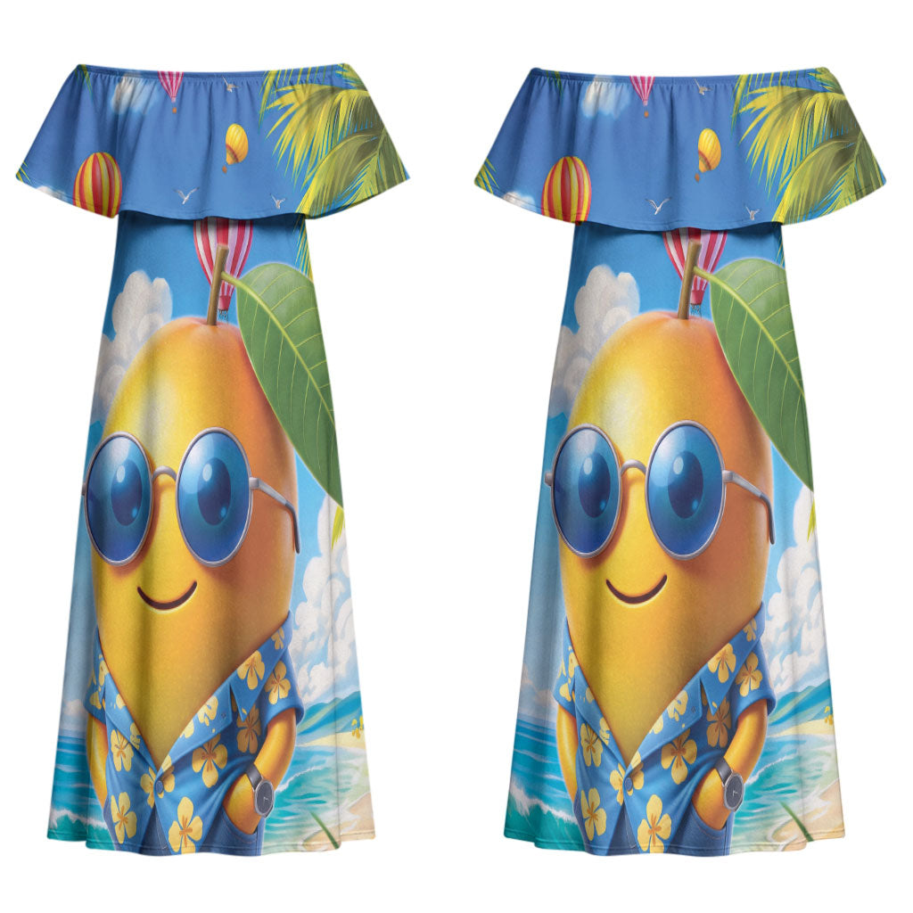 Funny Hawaii Mango Couples Matching Off Shoulder Maxi Dress and Hawaiian Shirt Tropical Summer Beach Mascot Vacation