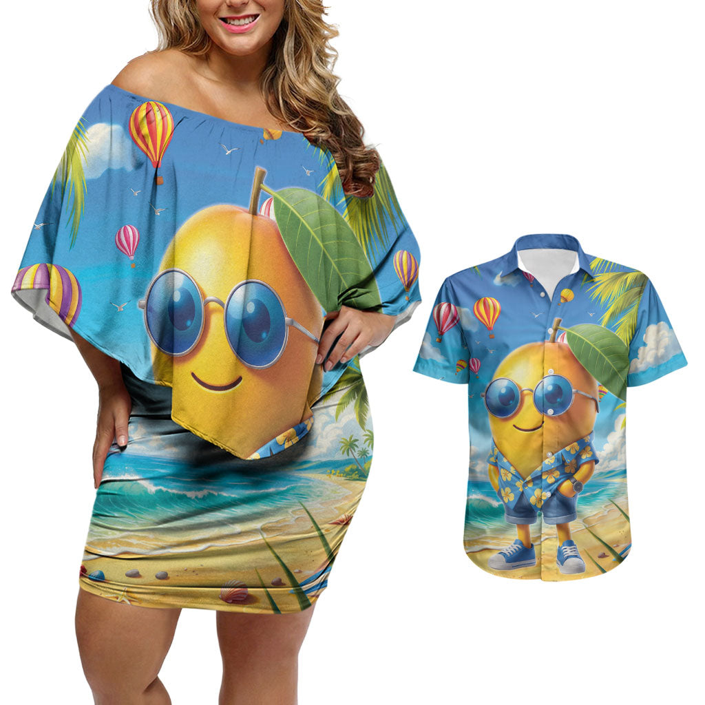 Funny Hawaii Mango Couples Matching Off Shoulder Short Dress and Hawaiian Shirt Tropical Summer Beach Mascot Vacation
