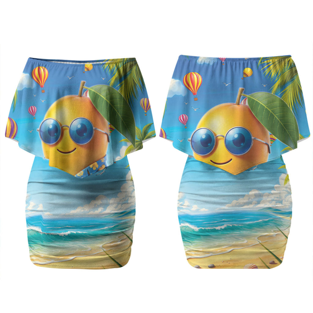 Funny Hawaii Mango Couples Matching Off Shoulder Short Dress and Hawaiian Shirt Tropical Summer Beach Mascot Vacation