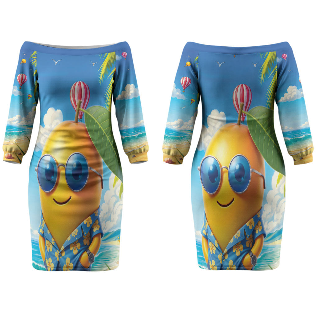 Funny Hawaii Mango Couples Matching Off The Shoulder Long Sleeve Dress and Hawaiian Shirt Tropical Summer Beach Mascot Vacation