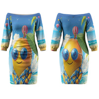 Funny Hawaii Mango Couples Matching Off The Shoulder Long Sleeve Dress and Long Sleeve Button Shirt Tropical Summer Beach Mascot Vacation