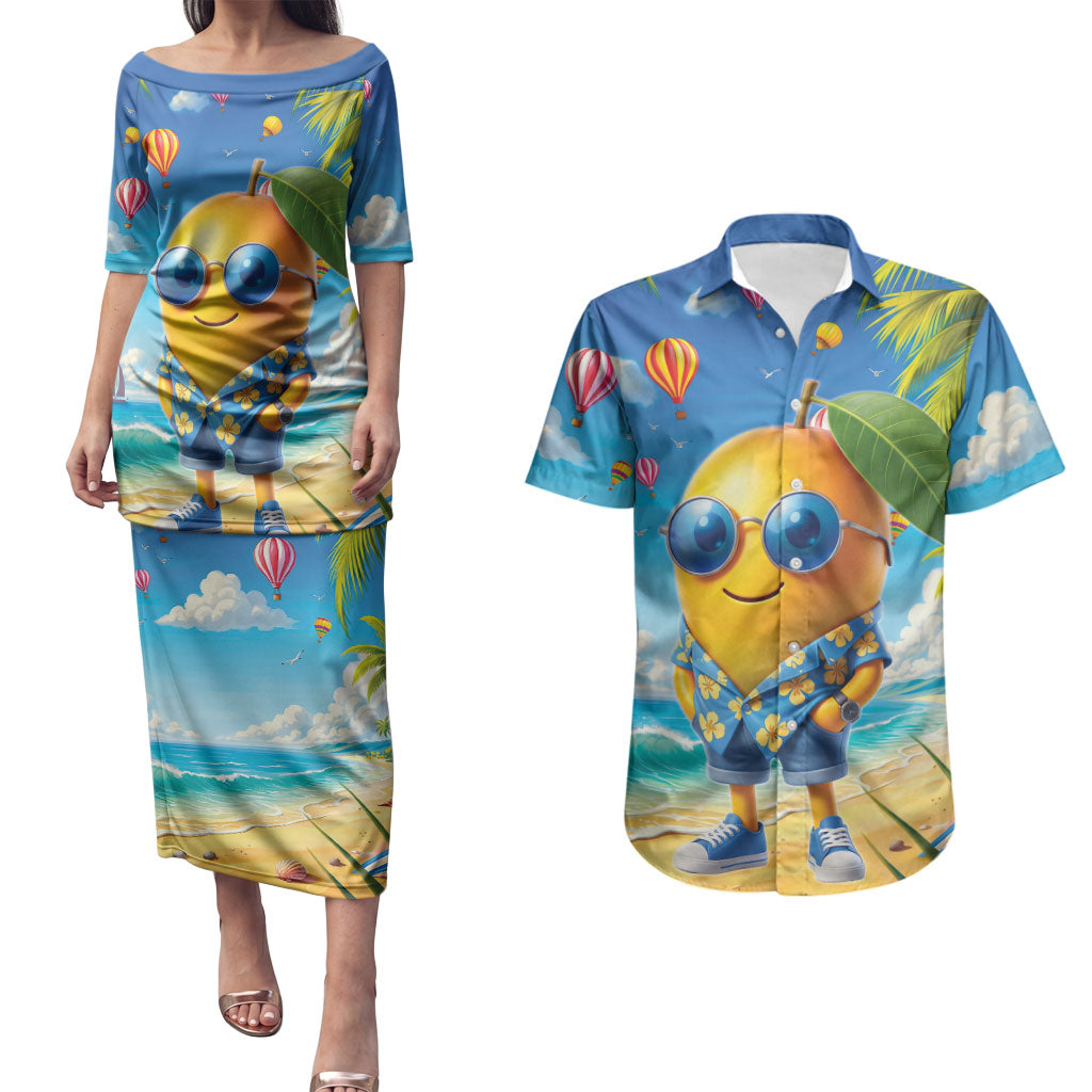 Funny Hawaii Mango Couples Matching Puletasi and Hawaiian Shirt Tropical Summer Beach Mascot Vacation