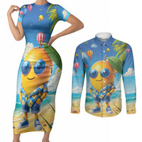 Funny Hawaii Mango Couples Matching Short Sleeve Bodycon Dress and Long Sleeve Button Shirt Tropical Summer Beach Mascot Vacation