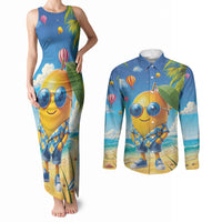 Funny Hawaii Mango Couples Matching Tank Maxi Dress and Long Sleeve Button Shirt Tropical Summer Beach Mascot Vacation
