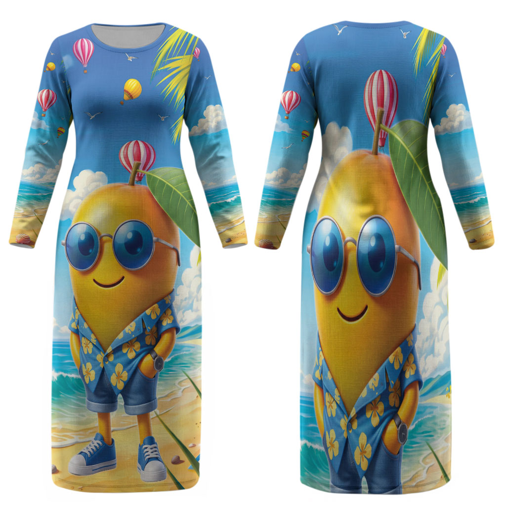 Funny Hawaii Mango Family Matching Long Sleeve Bodycon Dress and Hawaiian Shirt Tropical Summer Beach Mascot Vacation